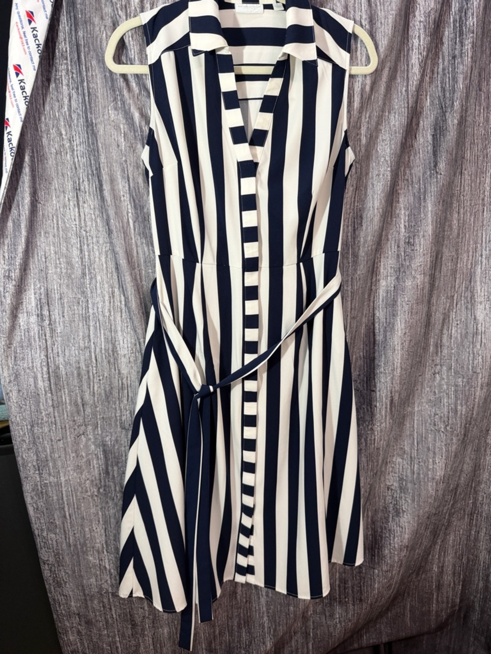 New York & Company Navy and White Sleeveless Midi Shirt Dress